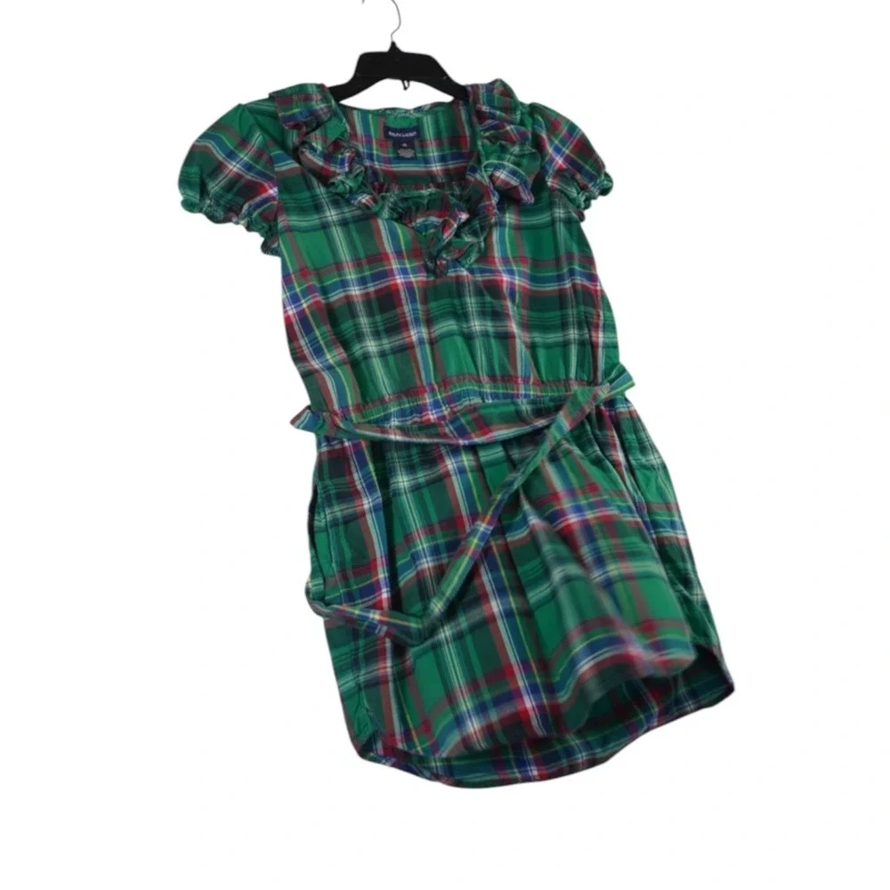 Ralph Lauren Dress Girls 14 Multicolor Plaid Cotton Flannel Ruffled Tie Waist